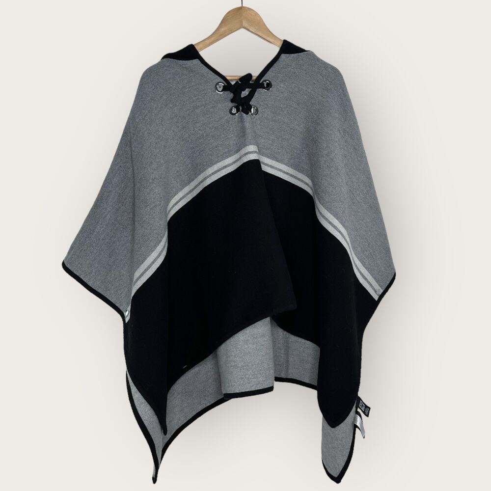 Ba&sh Oversized Hooded Sweater Colorblock Tight Knit Poncho Cape Black Grey OS